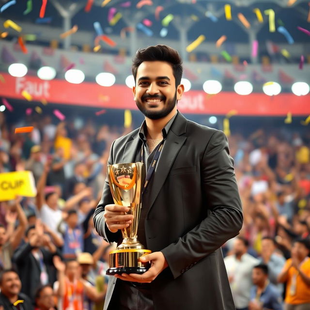 Aatif Nawaz standing proudly with a trophy in hand, smiling confidently, background filled with excited fans cheering in a vibrant stadium