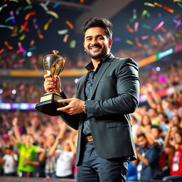 Aatif Nawaz standing proudly with a trophy in hand, smiling confidently, background filled with excited fans cheering in a vibrant stadium