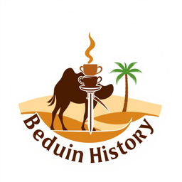 A logo design representing Bedouin history, featuring a silhouette of a majestic camel, a steaming cup of aromatic coffee, an elegantly crafted traditional sword, and a stylized palm tree