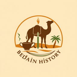 A logo design representing Bedouin history, featuring a silhouette of a majestic camel, a steaming cup of aromatic coffee, an elegantly crafted traditional sword, and a stylized palm tree