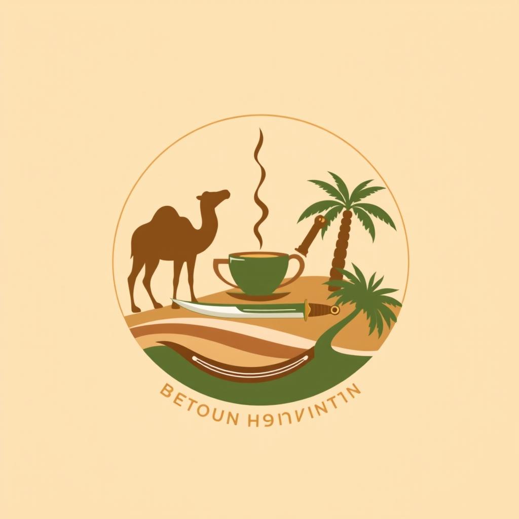 A logo design representing Bedouin history, featuring a silhouette of a majestic camel, a steaming cup of aromatic coffee, an elegantly crafted traditional sword, and a stylized palm tree