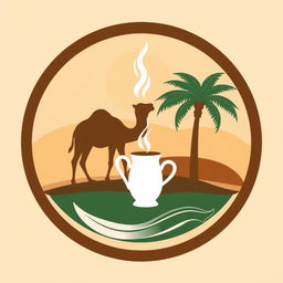 A logo design representing Bedouin history, featuring a silhouette of a majestic camel, a steaming cup of aromatic coffee, an elegantly crafted traditional sword, and a stylized palm tree