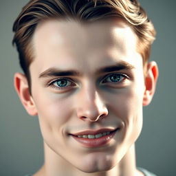 A strikingly handsome young man with very pale, paper-white skin and a perfectly symmetrical face that embodies beauty