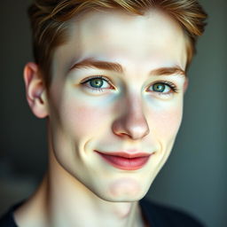 A strikingly handsome young man with very pale, paper-white skin and a perfectly symmetrical face that embodies beauty