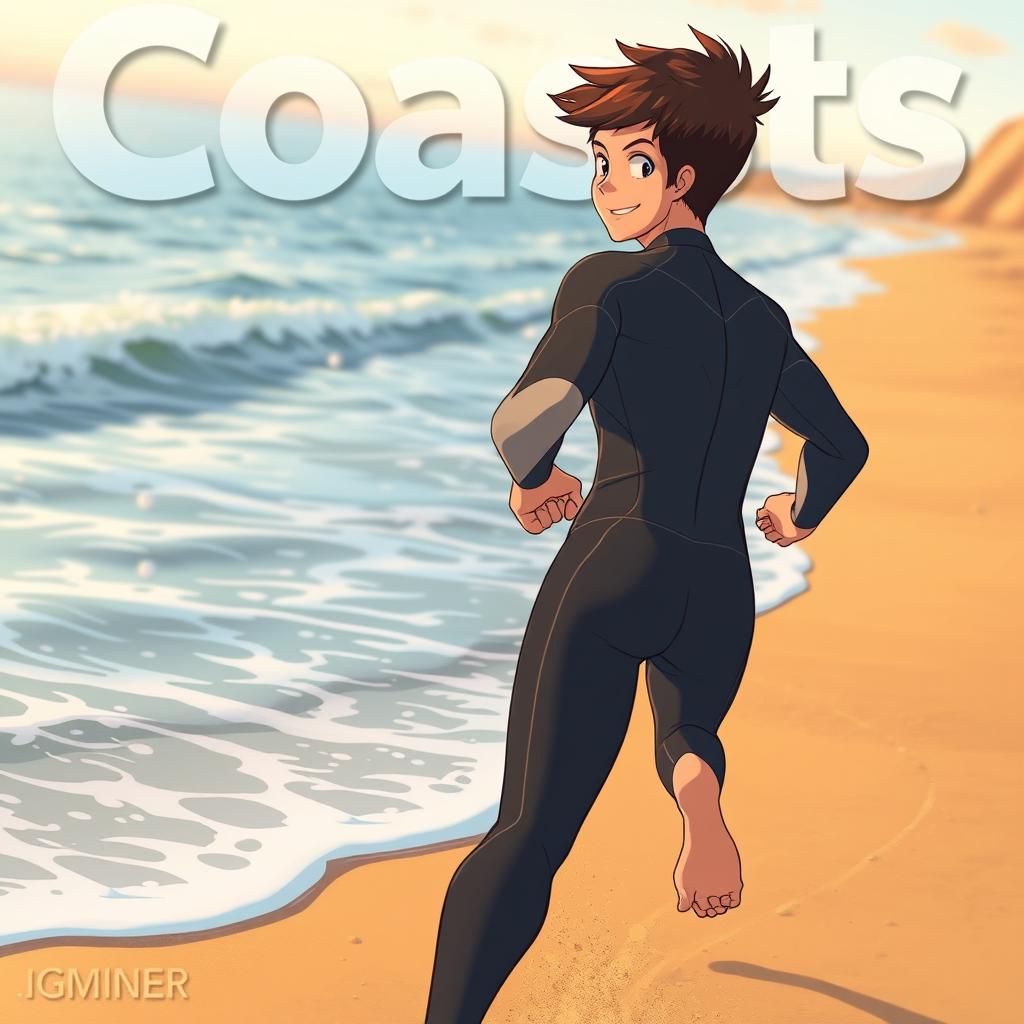 Anime-style cover art for an educational science magazine issue titled "Coasts" depicting a friendly teen male character in a tight full-body wetsuit