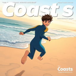Anime-style cover art for an educational science magazine issue titled "Coasts" depicting a friendly teen male character in a tight full-body wetsuit