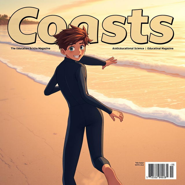 Anime-style cover art for an educational science magazine issue titled "Coasts" depicting a friendly teen male character in a tight full-body wetsuit