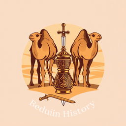 A logo design for a Bedouin history page featuring two majestic camels standing side by side, an intricately designed Arabic coffee pot elegantly positioned in front of them, and a traditional sword crossed behind the camels