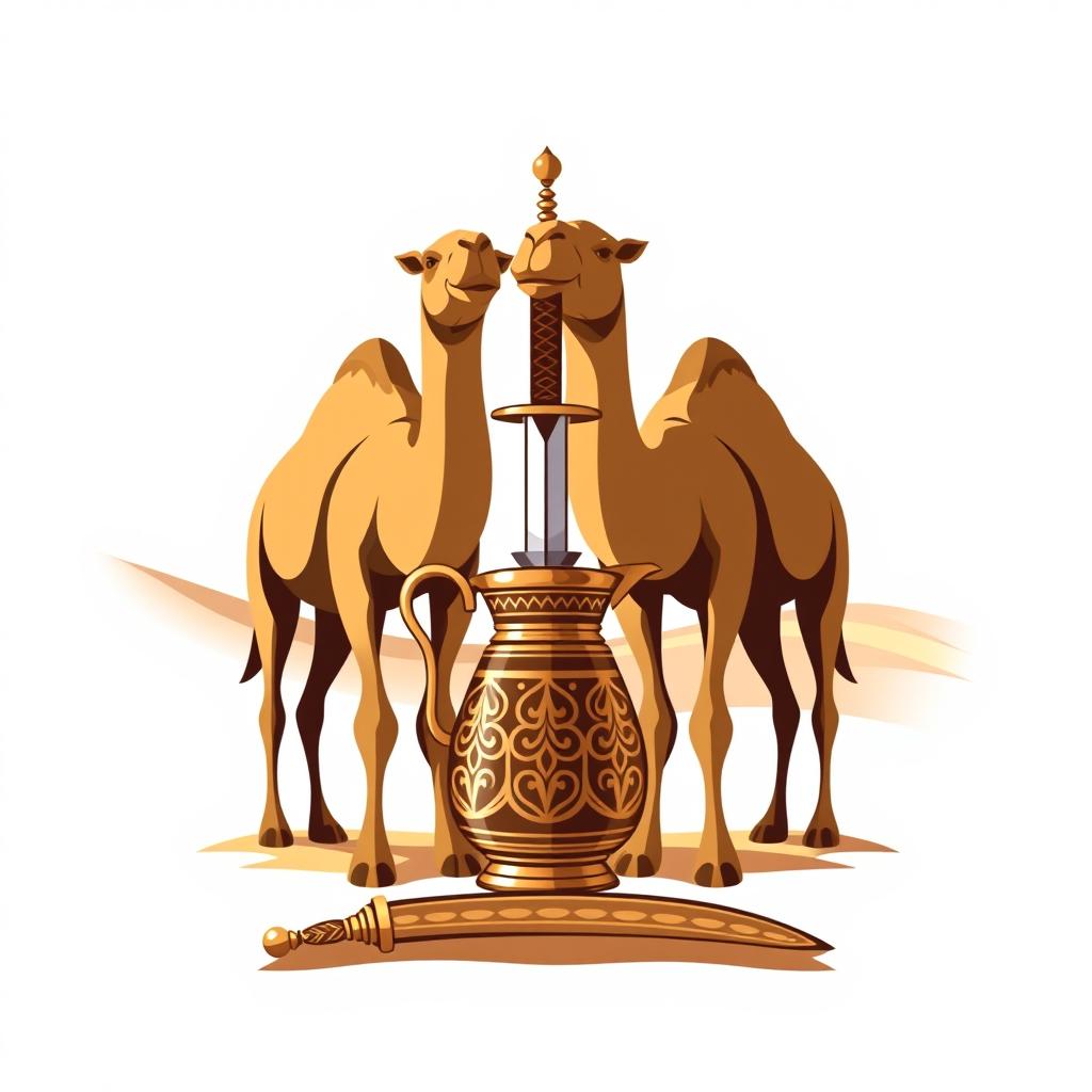 A logo design for a Bedouin history page featuring two majestic camels standing side by side, an intricately designed Arabic coffee pot elegantly positioned in front of them, and a traditional sword crossed behind the camels
