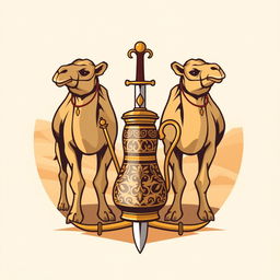 A logo design for a Bedouin history page featuring two majestic camels standing side by side, an intricately designed Arabic coffee pot elegantly positioned in front of them, and a traditional sword crossed behind the camels