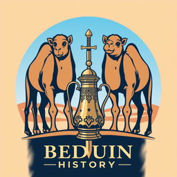 A logo design for a Bedouin history page featuring two majestic camels standing side by side, an intricately designed Arabic coffee pot elegantly positioned in front of them, and a traditional sword crossed behind the camels