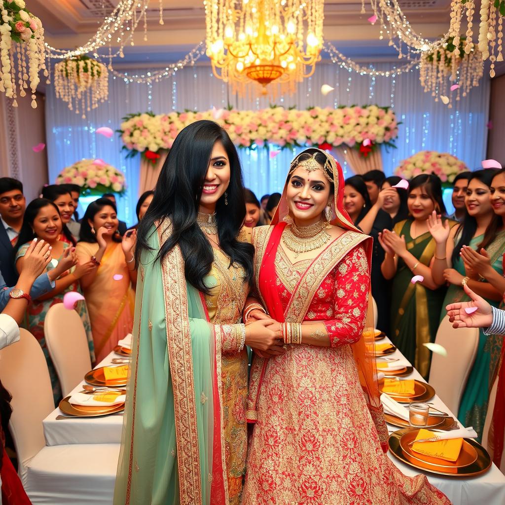 A joyous wedding scene featuring Neelam Aslam, an elegant woman with long dark hair, in a stunning traditional bridal outfit adorned with intricate embroidery and vibrant colors