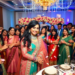 A joyous wedding scene featuring Neelam Aslam, an elegant woman with long dark hair, in a stunning traditional bridal outfit adorned with intricate embroidery and vibrant colors