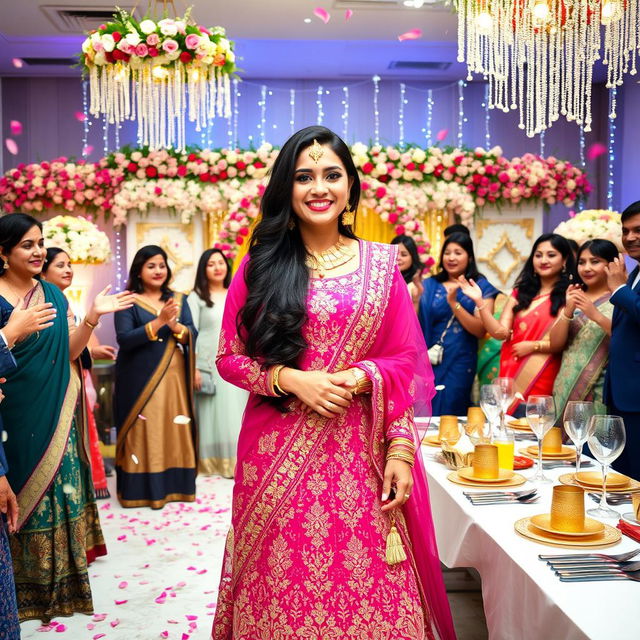 A joyous wedding scene featuring Neelam Aslam, an elegant woman with long dark hair, in a stunning traditional bridal outfit adorned with intricate embroidery and vibrant colors