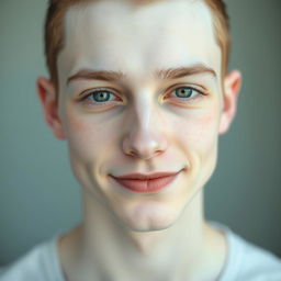 A captivating portrait of a young man with very pale, paper-white skin and an impeccably symmetrical face