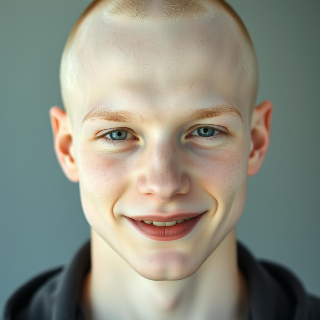 A captivating portrait of a young man with very pale, paper-white skin and an impeccably symmetrical face