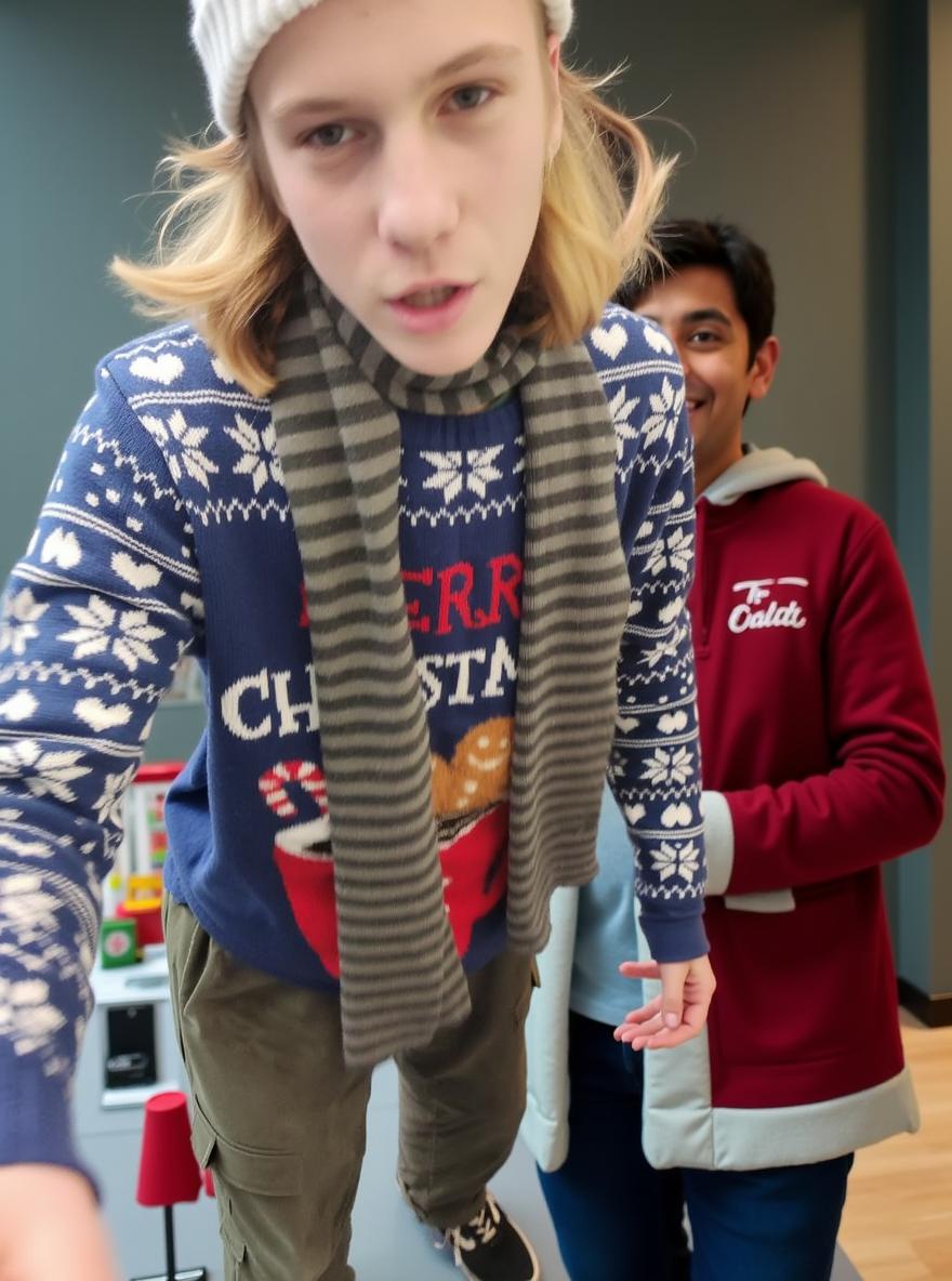 A joyful young person celebrating Christmas, wearing a festive sweater with holiday motifs and a cozy scarf