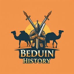 A logo design for a Bedouin history page featuring camels, traditional swords, and knights in armor, blending elements of Arabian culture with medieval aesthetics