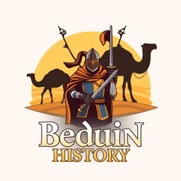 A logo design for a Bedouin history page featuring camels, traditional swords, and knights in armor, blending elements of Arabian culture with medieval aesthetics