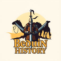 A logo design for a Bedouin history page featuring camels, traditional swords, and knights in armor, blending elements of Arabian culture with medieval aesthetics