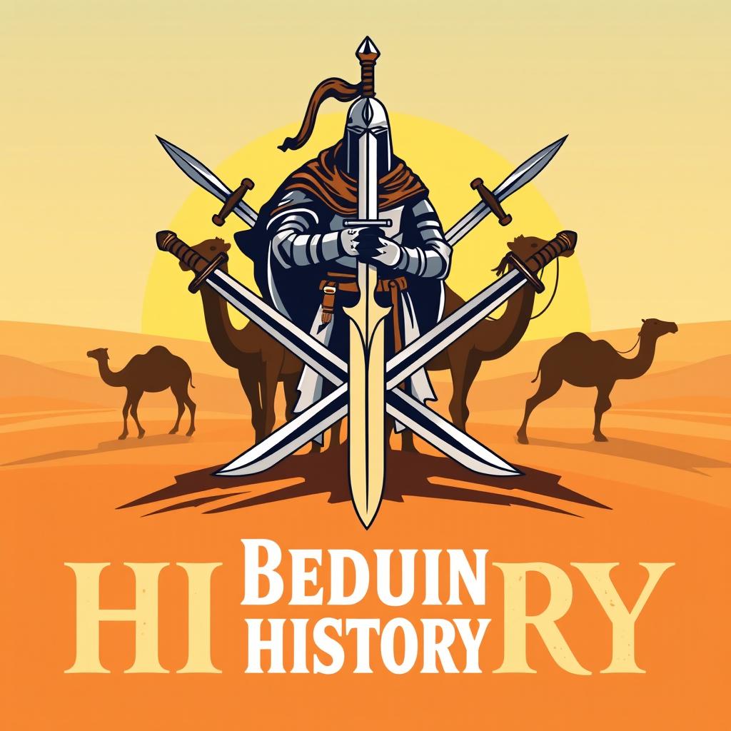 A logo design for a Bedouin history page featuring camels, traditional swords, and knights in armor, blending elements of Arabian culture with medieval aesthetics