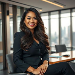 A captivating portrait of a beautiful Indonesian woman, Angel Karamoy, with prominent curves, sitting in a modern office environment