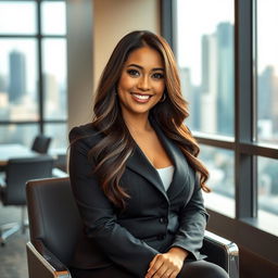 A captivating portrait of a beautiful Indonesian woman, Angel Karamoy, with prominent curves, sitting in a modern office environment