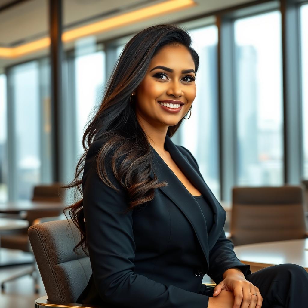 A captivating portrait of a beautiful Indonesian woman, Angel Karamoy, with prominent curves, sitting in a modern office environment