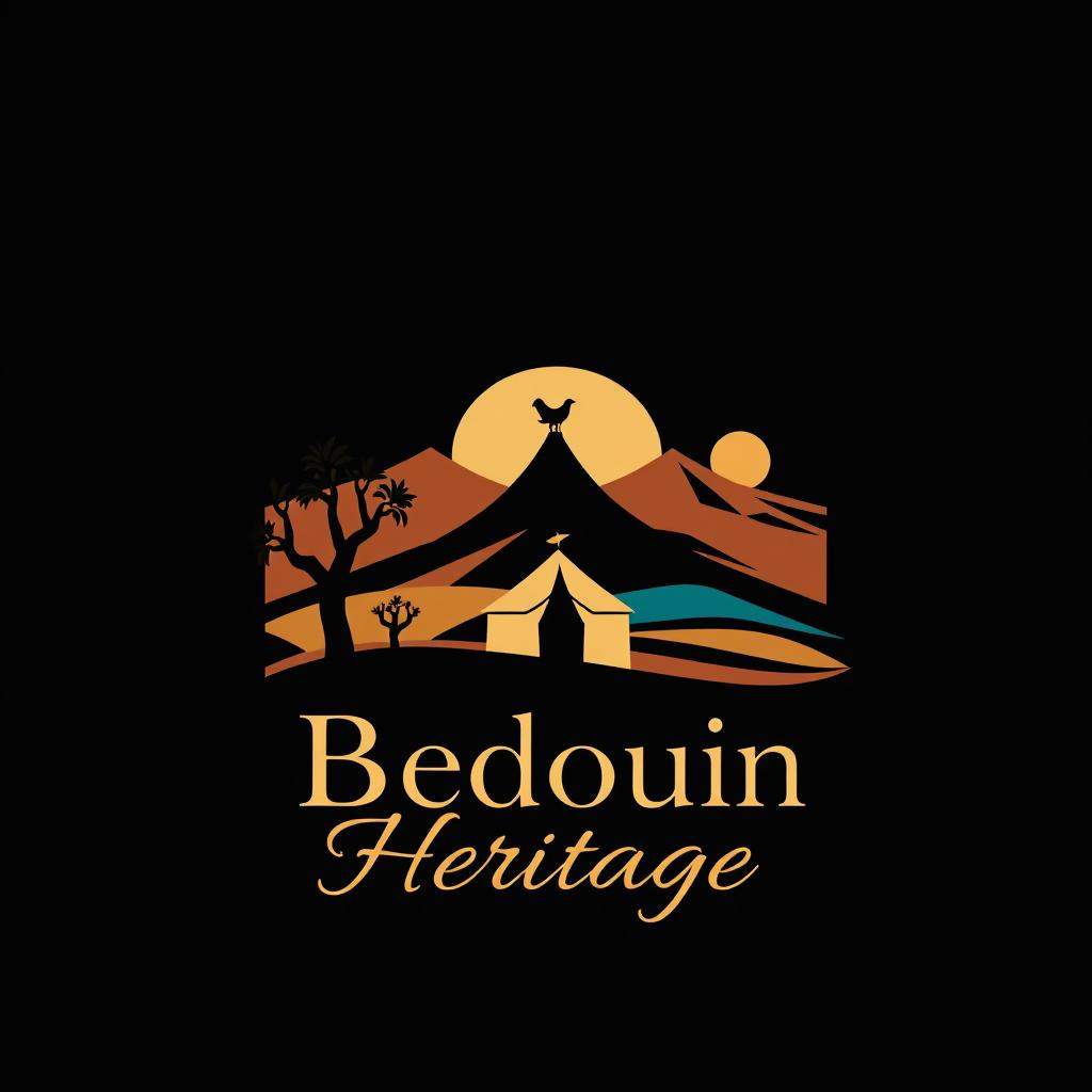 A logo design representing Jordanian Bedouin heritage, featuring traditional motifs and symbols such as the iconic black and white keffiyeh, desert landscapes, and a silhouette of a Bedouin tent