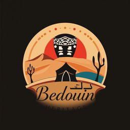 A logo design representing Jordanian Bedouin heritage, featuring traditional motifs and symbols such as the iconic black and white keffiyeh, desert landscapes, and a silhouette of a Bedouin tent
