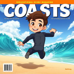 Anime-style cover art for an educational science magazine issue titled 'Coasts', depicting a friendly teen male character in a tight full-body wetsuit, running energetically on a sandy beach towards the ocean while glancing back behind himself with a bright and inviting smile