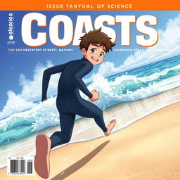 Anime-style cover art for an educational science magazine issue titled 'Coasts', depicting a friendly teen male character in a tight full-body wetsuit, running energetically on a sandy beach towards the ocean while glancing back behind himself with a bright and inviting smile