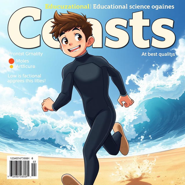 Anime-style cover art for an educational science magazine issue titled 'Coasts', depicting a friendly teen male character in a tight full-body wetsuit, running energetically on a sandy beach towards the ocean while glancing back behind himself with a bright and inviting smile