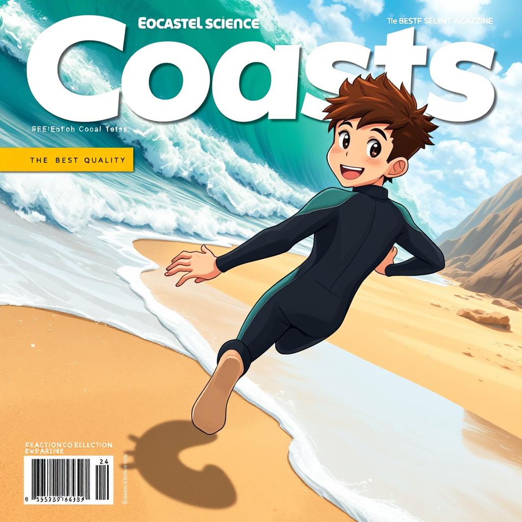 Anime-style cover art for an educational science magazine issue titled 'Coasts', depicting a friendly teen male character in a tight full-body wetsuit, running energetically on a sandy beach towards the ocean while glancing back behind himself with a bright and inviting smile