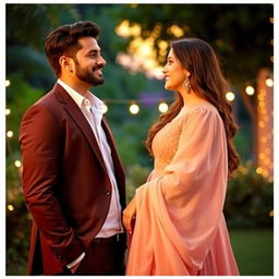 A romantic scene featuring Aatif Nawaz and Neelam Aslam in a beautifully decorated outdoor setting at sunset