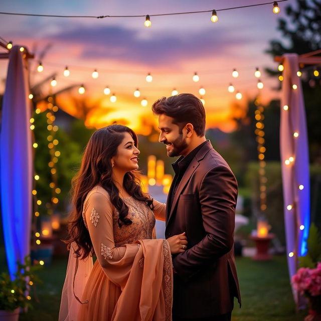 A romantic scene featuring Aatif Nawaz and Neelam Aslam in a beautifully decorated outdoor setting at sunset