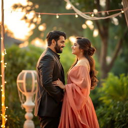 A romantic scene featuring Aatif Nawaz and Neelam Aslam in a beautifully decorated outdoor setting at sunset