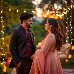 A romantic scene featuring Aatif Nawaz and Neelam Aslam in a beautifully decorated outdoor setting at sunset