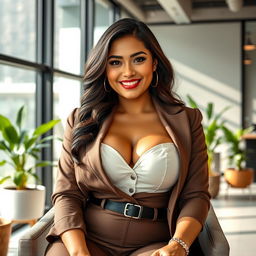 A playful and charming portrait of a beautiful Indonesian woman, Angel Karamoy, with a curvy figure and large breasts, sitting in a modern office setting