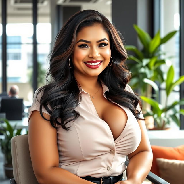 A playful and charming portrait of a beautiful Indonesian woman, Angel Karamoy, with a curvy figure and large breasts, sitting in a modern office setting