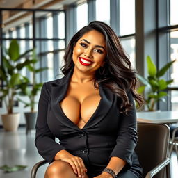 A playful and charming portrait of a beautiful Indonesian woman, Angel Karamoy, with a curvy figure and large breasts, sitting in a modern office setting