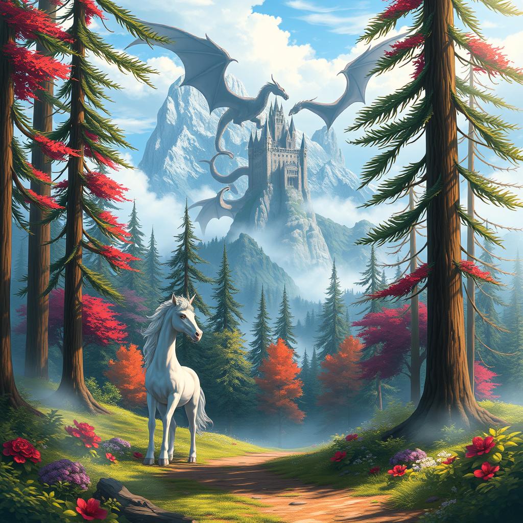 A mystical, misty forest with a majestic unicorn standing gracefully on a deer path, surrounded by tall trees and vibrant foliage