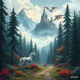 A mystical, misty forest with a majestic unicorn standing gracefully on a deer path, surrounded by tall trees and vibrant foliage