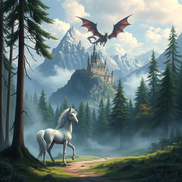 A mystical, misty forest with a majestic unicorn standing gracefully on a deer path, surrounded by tall trees and vibrant foliage
