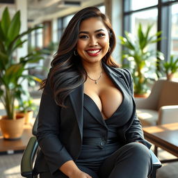 A playful and gorgeous portrait of a beautiful Indonesian woman, Angel Karamoy, with voluptuous curves and large breasts, sitting confidently in a modern office environment