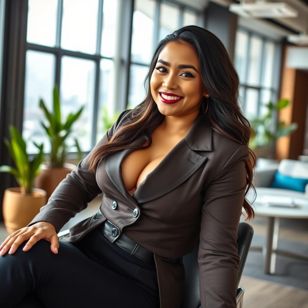 A playful and gorgeous portrait of a beautiful Indonesian woman, Angel Karamoy, with voluptuous curves and large breasts, sitting confidently in a modern office environment