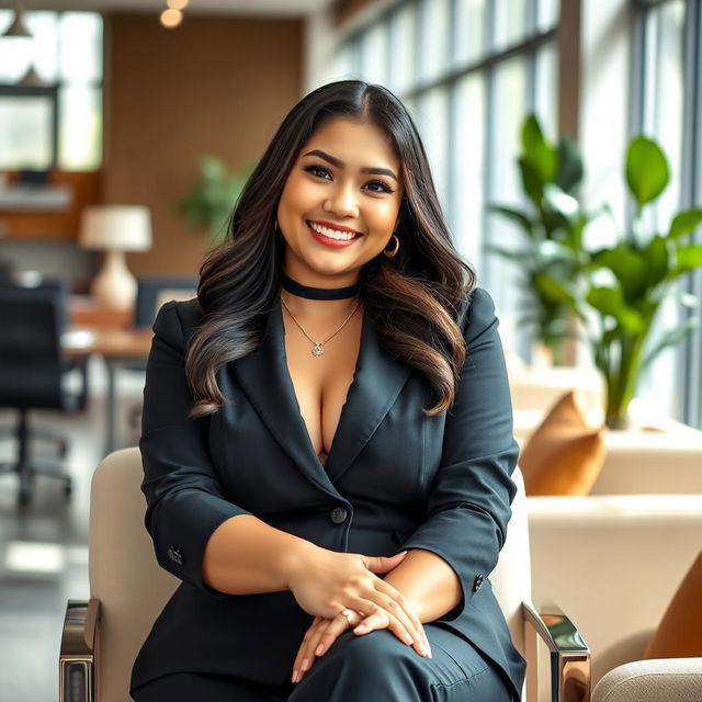 A playful and gorgeous portrait of a beautiful Indonesian woman, Angel Karamoy, with voluptuous curves and large breasts, sitting confidently in a modern office environment