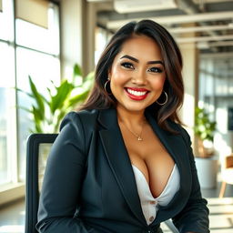 A playful and gorgeous portrait of a beautiful Indonesian woman, Angel Karamoy, with voluptuous curves and large breasts, sitting confidently in a modern office environment