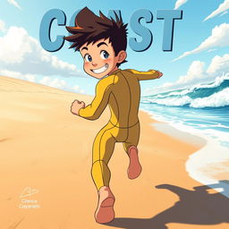 Anime-style cover art for an educational science magazine issue titled 'Coasts', featuring a friendly teen male character in a tight, brightly-colored wetsuit, running energetically on a sandy beach towards the ocean while looking back behind himself with a joyful smile