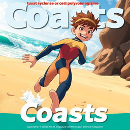 Anime-style cover art for an educational science magazine issue titled 'Coasts', featuring a friendly teen male character in a tight, brightly-colored wetsuit, running energetically on a sandy beach towards the ocean while looking back behind himself with a joyful smile